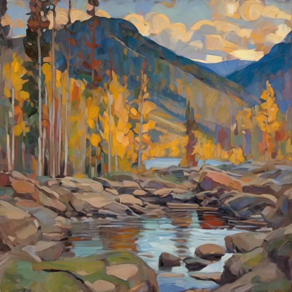 Ζωγραφική τοπίο με φαράγγι και ποτάμι, εικαστική τέχνη ως γλώσσα συμβόλων, χρώματα φθινοπώρου, φύλλα δέντρων, βουνά και σύννεφα, εκφραστική τέχνη, τέχνη ως σύμβολα, φυσική ομορφιά, εικαστικές εκφράσεις.