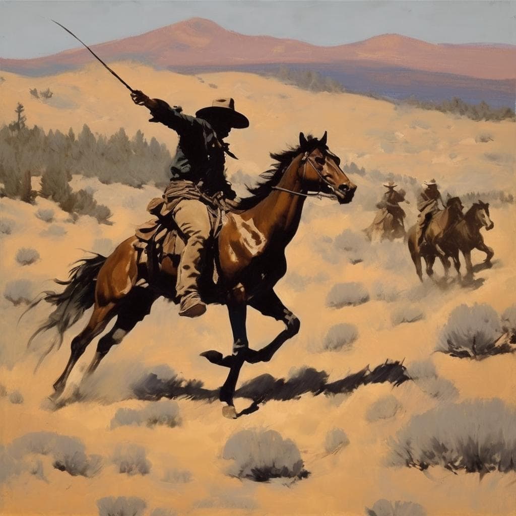 Άνδρας καβαλάρης με καπέλο και τόξο σε έρημο, σε κίνηση με άλογα και άλλους καβαλάρηδες στο βάθος, ζωγραφική αναπαράσταση με στοιχεία τέχνης και συμβόλων.