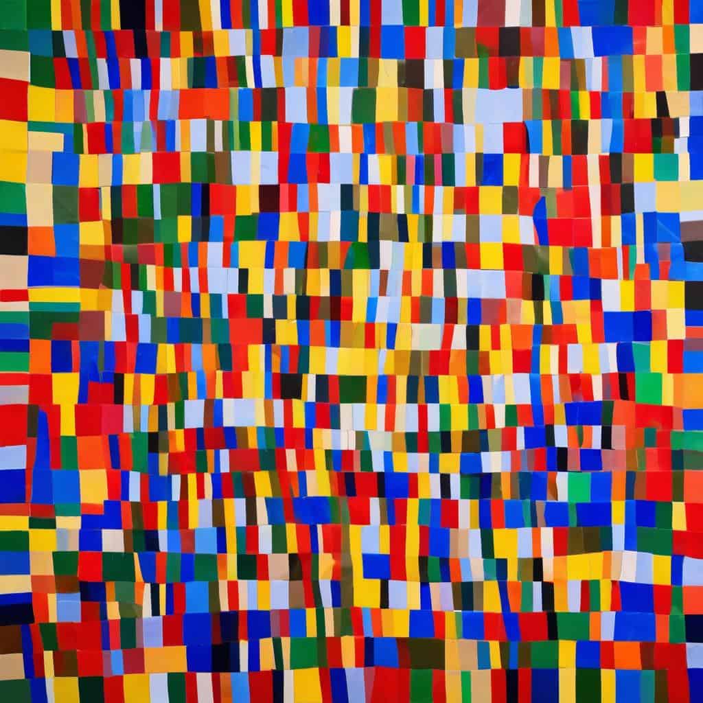 Γραφικό έργο με πολύχρωμα τετράγωνα και μπλουζ και κίτρινα χρώματα, που απεικονίζει την τέχνη ως γλώσσα συμβόλων και τη δύναμη των οπτικών εικονικών επικοινωνιών.