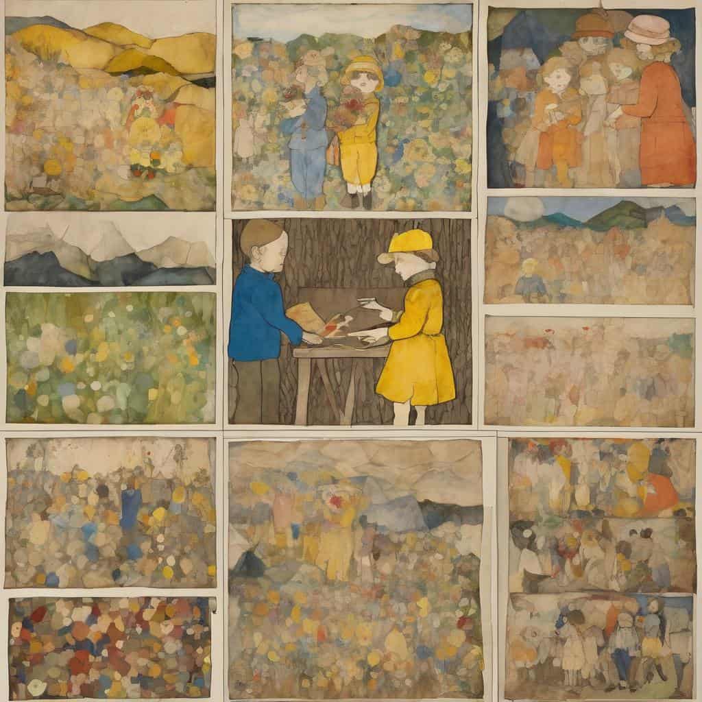 Ομορφιά και συμβολισμός στην τέχνη, παρουσιάζοντας σκηνές από ανθρώπινες στιγμές και κοινωνικές εκδηλώσεις, με έμφαση στην γλώσσα των συμβόλων και την interpretative δύναμη των έργων τέχνης.