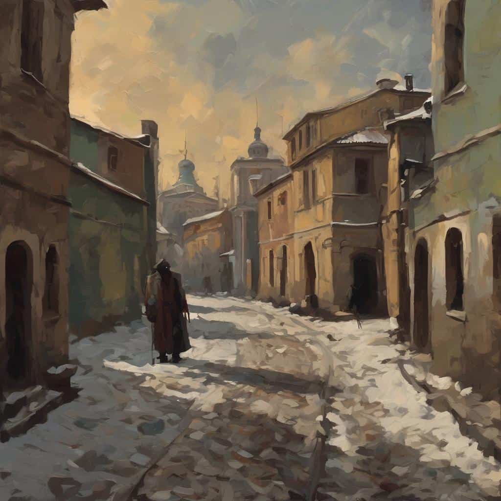 Αγία νεοκλασική πόλη με μονόλιθο δρόμο, παλιά κτήρια, επιβλητικό καμπαναριό, χειμωνιάτικη ατμόσφαιρα, η τέχνη ως γλώσσα συμβόλων και εξέλιξης της πόλης.