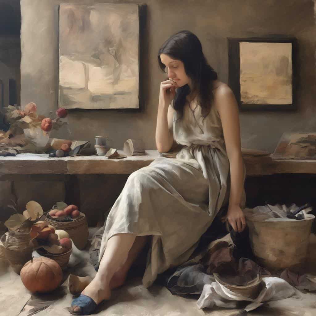 Λαική γυναίκα σε στούντιο τέχνης που περιβάλλεται από έργα τέχνης και συμβολικά αντικείμενα, αναδεικνύοντας την γλώσσα των συμβόλων στην τέχνη.