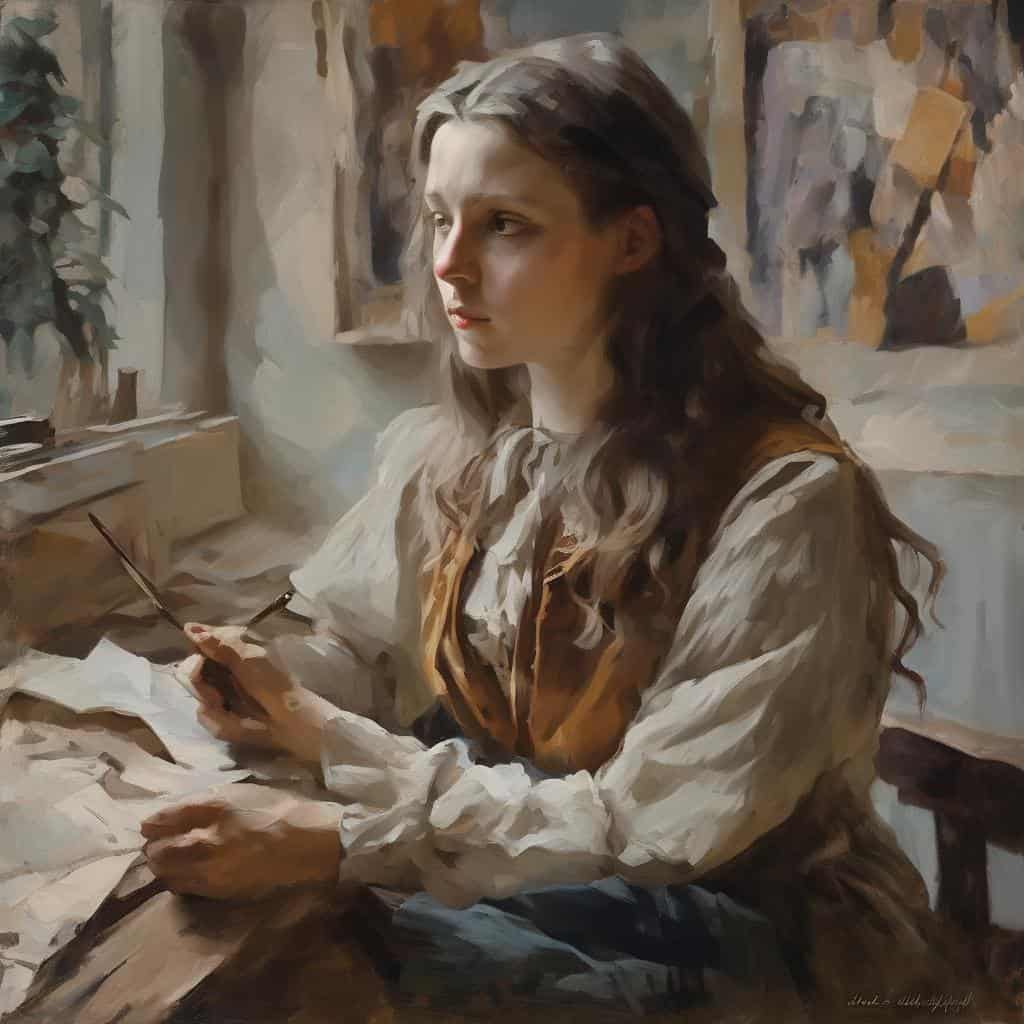 φαίνεται ζωγραφική γυναίκα καλλιτέχνης σε εργαστήριο τέχνης, δημιουργώντας με πινελιές και χρώματα, αναδεικνύοντας τη τέχνη ως γλώσσα συμβόλων, κοντά σε καμβά και εργαλεία ζωγραφικής, εκφράζοντας αυτοέκφραση και εσωτερικό κόσμο.