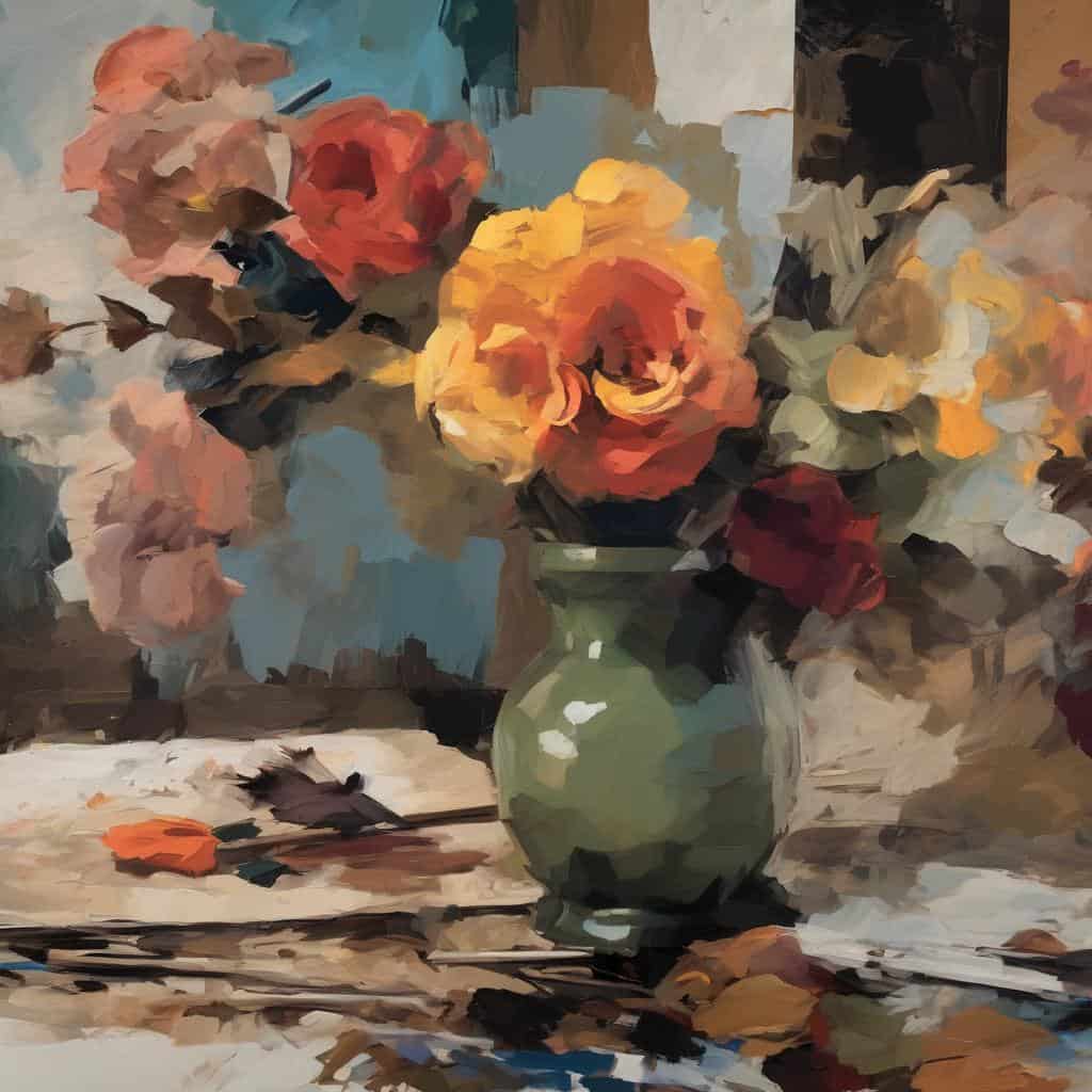 Ζωγραφική με λουλούδια σε βάζο, ελαιογραφία σε ιμπρεσιονιστικό στυλ, τέχνη με σύμβολα και χρώματα, εσωτερική διακόσμηση, καλλιτεχνική απεικόνιση φύσης και δημιουργικότητας.